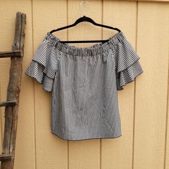 Picnic Gingham Plaid Off The Shoulder Tiered Ruffle Statement Sleeve Top Sz XL - Picture 8 of 11